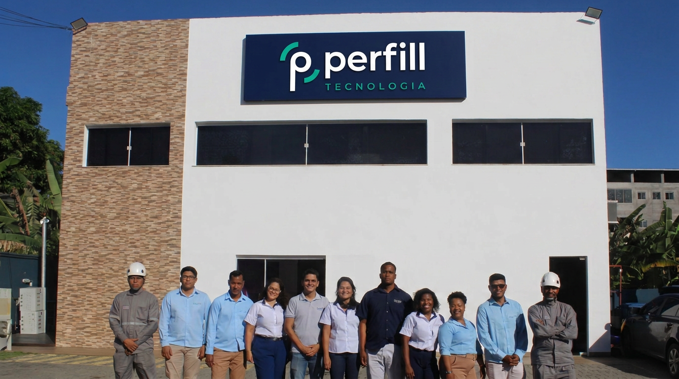 Equipe da Perfill Tecnologia em frente à sede da empresa