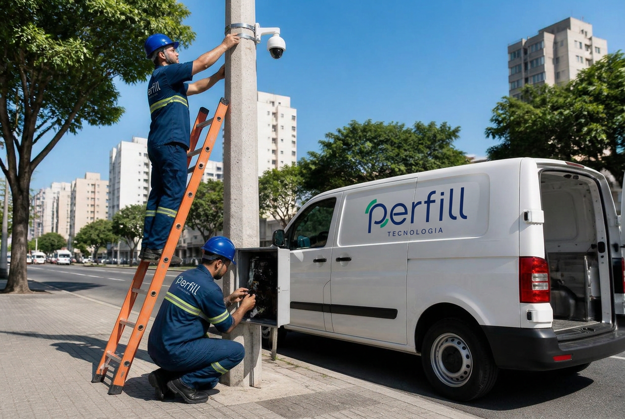 Equipe Perfill Tecnologia instalando câmera dome 360° em poste público